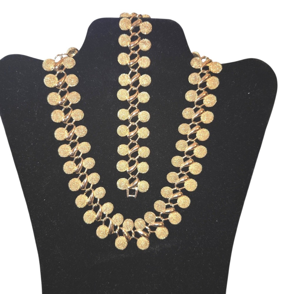 Unmarked‎ VTG MCM Gold Tone Textured Double Disc Link Necklace & Bracelet Set